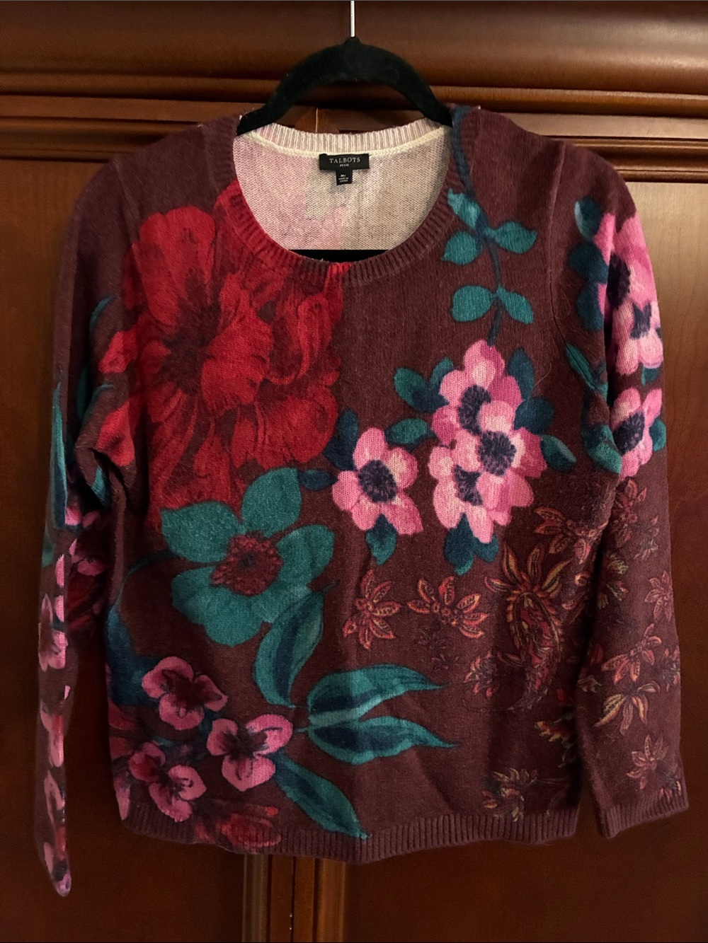 Talbots Burgundy Crewneck Sweater with Pink & Teal Floral Print